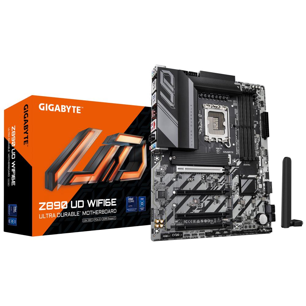 Mainboard GIGABYTE Intel Z890 LGA1851 ATX Memory DDR5 Memory slots 4 1xPCI-Express 4.0 1x 2xPCI-Express 4.0 4x	 1xPCI-Express 5.0 16x 3xM.2 1xDisplayPort 4xUSB 2.0 5xUSB 3.2 1xUSB-C 1xPS/2 1xRJ45 3xAudio port Z890UDWIFI6E