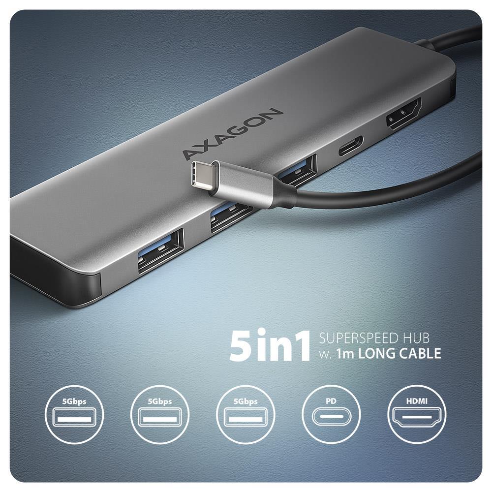 Хаб концентратор AXAGON HMC-5H USB-C 5Гбіт/с 5in1 hub, Сірий на малюнкі №2