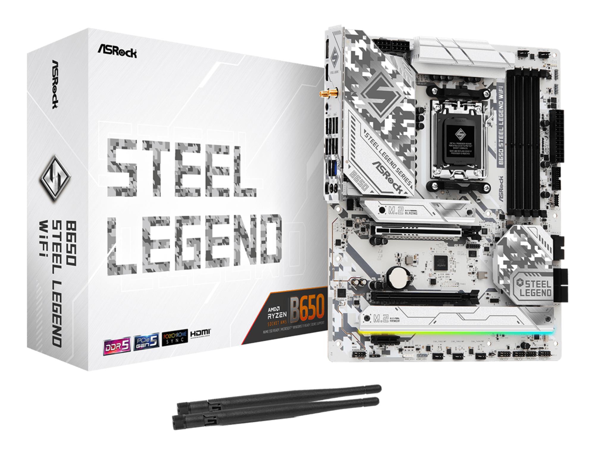 Mainboard|ASROCK|AMD B650|SAM5|ATX|Memory DDR5|Memory slots 4|1xPCI-Express 3.0 16x|1xPCI-Express 4.0 1x|1xPCI-Express 5.0 16x|1xM.2|1xHDMI|1xDisplayPort|8xUSB 2.0|3xUSB 3.2|2xUSB-C|1xRJ45|2xAudio port|B650STEELLEGENDWIFI