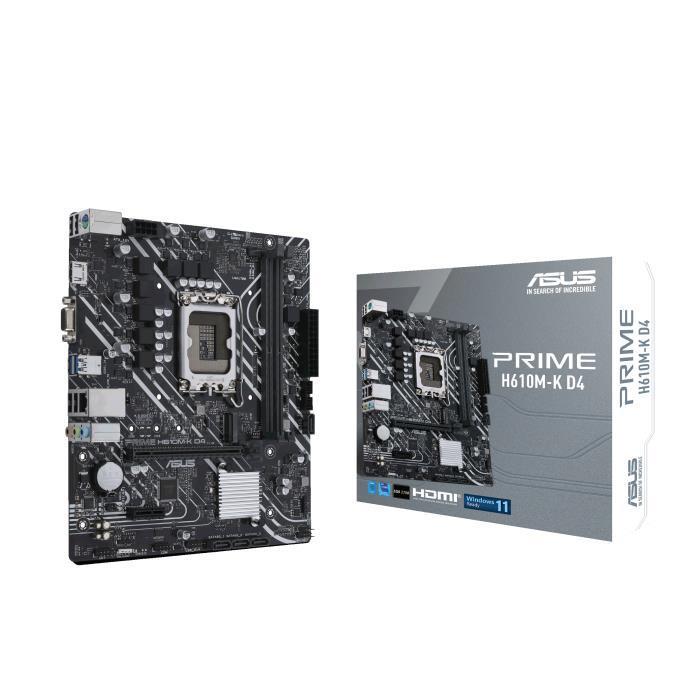 Mainboard|ASUS|Intel H610|LGA1700|Micro-ATX|Memory DDR4|Memory slots 2|1xPCI-Express 3.0 1x|1xPCI-Express 4.0 16x|1xM.2|1x15pin D-sub|1xHDMI|2xAudio-In|1xAudio-Out|4xUSB 2.0|2xUSB 3.2|1xPS/2|1xRJ45|PRIMEH610M-KD4
