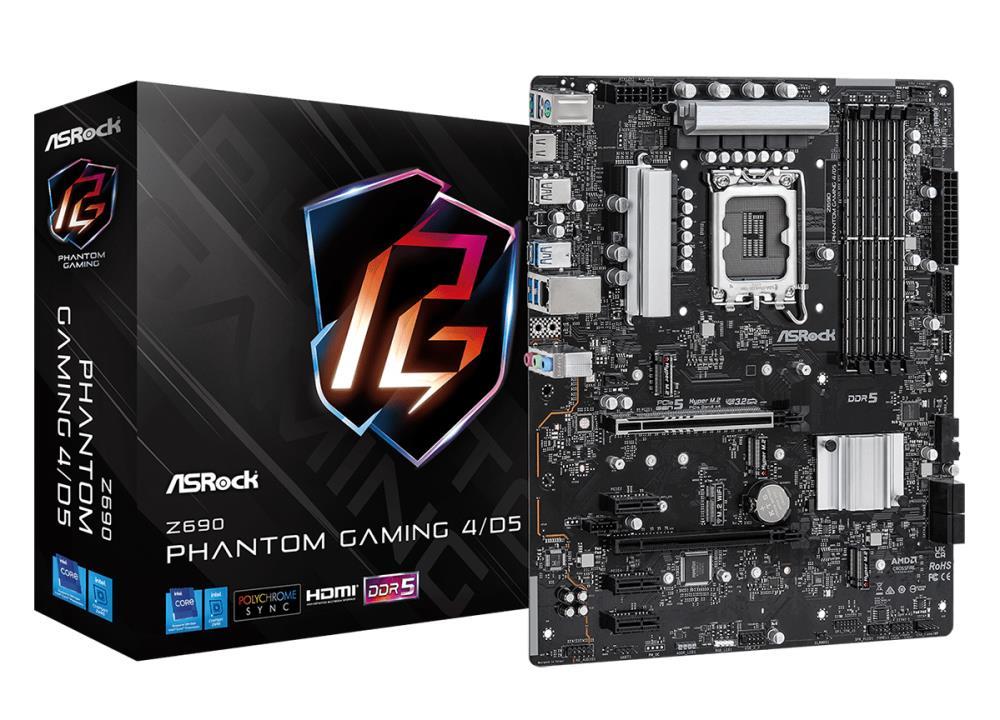 Mainboard|ASROCK|Intel Z690 Express|LGA1700|ATX|Memory DDR5|Memory slots 4|3xPCI-Express 3.0 1x|1xPCI-Express 4.0 4x	|1xPCI-Express 5.0 16x|3xM.2|1xHDMI|2xAudio-In|1xAudio-Out|2xUSB 2.0|5xUSB 3.2|1xPS/2|1xRJ45|Z690PHANTOMGAMING4/D5