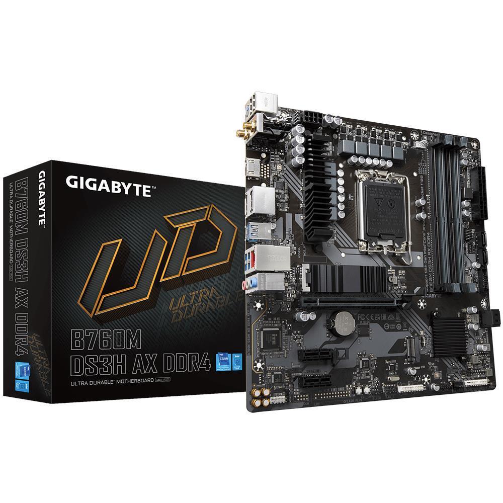 Mainboard|GIGABYTE|Intel B760 Express|LGA1700|Micro-ATX|Memory DDR4|Memory slots 4|2xPCI-Express 3.0 1x|1xPCI-Express 4.0 16x|2xM.2|1xHDMI|2xDisplayPort|2xAudio-In|1xAudio-Out|2xUSB 2.0|3xUSB 3.2|1xUSB-C|1xPS/2|1xRJ45|2xRF-Out|B760MDS3HAXDDR41.1