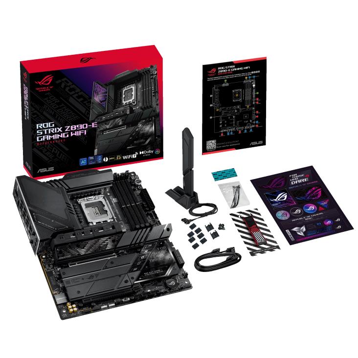 Mainboard ASUS Intel Z890 LGA1851 ATX Memory DDR5 Memory slots 4 1xPCI-Express 4.0 16x 1xPCI-Express 5.0 16x 7xM.2 1xHDMI 1xDisplayPort 1xAudio-In 1xAudio-Out 3xUSB 3.0 7xUSB 3.1 2xUSB-C 2xUSB-C w/Thunderbolt 1xOptical S/PDIF 1xRJ45 ROGSTRIXZ890-EGAMWIFI