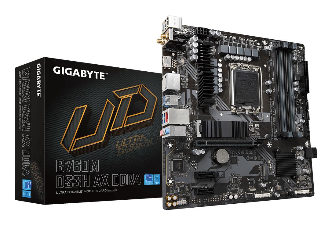 Mainboard|GIGABYTE|Intel B760 Express|LGA1700|Micro-ATX|Memory DDR4|Memory slots 4|2xPCI-Express 3.0 1x|1xPCI-Express 4.0 16x|2xM.2|1xHDMI|2xDisplayPort|2xAudio-In|1xAudio-Out|2xUSB 2.0|3xUSB 3.2|1xUSB-C|1xPS/2|1xRJ45|2xRF-Out|B760MDS3HAXDDR41.2