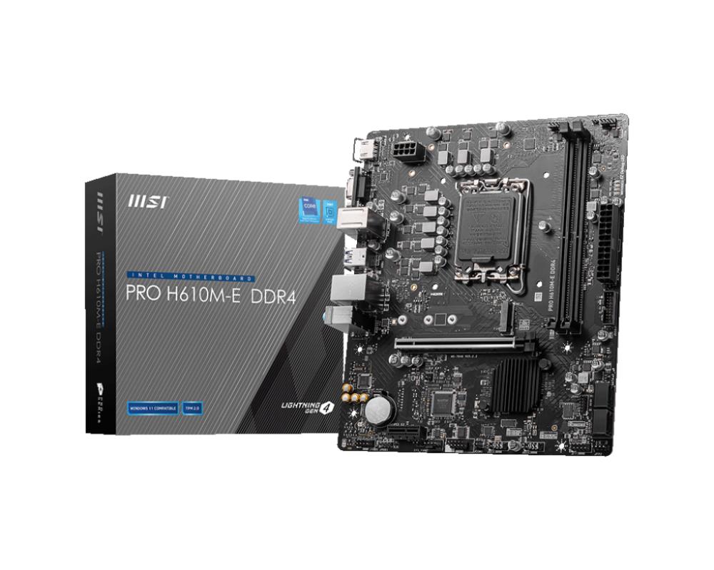 Mainboard | MSI | Intel H610 | LGA1700 | MicroATX | Memory DDR4 | Memory slots 2 | 1xPCI-Express 1x | 1xPCI-Express 16x | 1xM.2 | 1x15pin D-sub | 1xHDMI | 4xUSB 2.0 | 2xUSB 3.2 | 1xPS/2 | 1xRJ45 | 3xAudio port | PROH610M-EDDR4