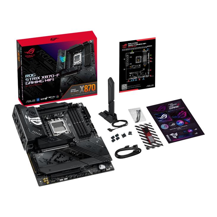 Mainboard ASUS AMD X870 SAM5 ATX Memory DDR5 Memory slots 4 1xPCI-Express 4.0 16x 1xPCI-Express 5.0 16x 4xM.2 1xHDMI 1xDisplayPort 1xAudio-In 1xAudio-Out 5xUSB 3.2 1xUSB-C 2xUSB4 1xRJ45 ROGSTRIXX870-FGAMWIFI