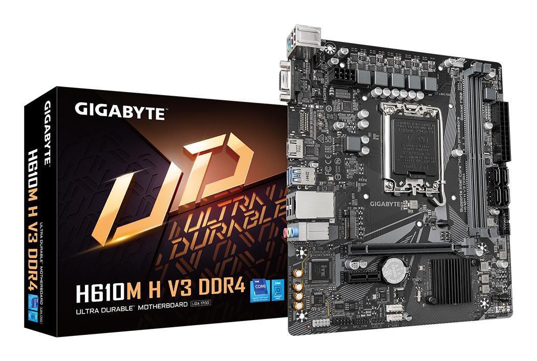 Mainboard|GIGABYTE|Intel H610|LGA1700|Micro-ATX|Memory DDR4|Memory slots 2|1xPCI-Express 3.0 1x|1xPCI-Express 4.0 16x|1xM.2|1x15pin D-sub|1xHDMI|4xUSB 2.0|2xUSB 3.2|1xPS/2|1xRJ45|3xAudio port|H610MHV3DDR4