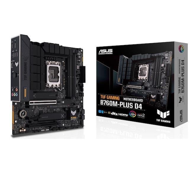 Mainboard|ASUS|Intel B760 Express|LGA1700|Micro-ATX|Memory DDR4|Memory slots 4|1xPCI-Express 4.0 1x|1xPCI-Express 4.0 16x|1xPCI-Express 5.0 16x|2xM.2|1xHDMI|1xDisplayPort|2xUSB 2.0|5xUSB 3.2|1xUSB-C|1xOptical S/PDIF|1xRJ45|5xAudio port|TUFGAMINGB760M-PLUSD4