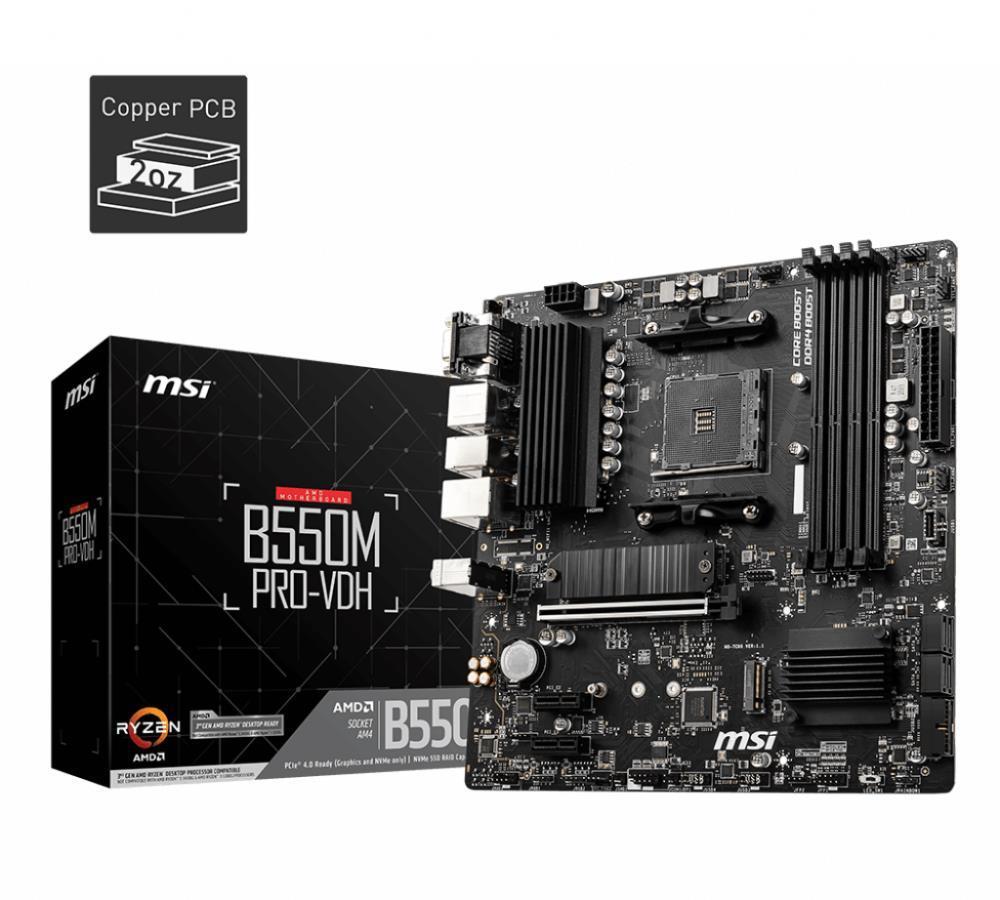 Mainboard|MSI|AMD B550|SAM4|Micro-ATX|Memory DDR4|Memory slots 4|2xPCI-Express 3.0 1x|1xPCI-Express 4.0 16x|2xM.2|1x15pin D-sub|1xHDMI|1xDisplayPort|2xAudio-In|1xAudio-Out|2xUSB 2.0|4xUSB 3.2|1xPS/2|1xRJ45|B550MPRO-VDH