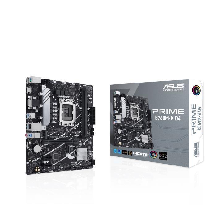 Mainboard | ASUS | Intel B760 Express | LGA1700 | Micro-ATX | Memory DDR4 | Memory slots 2 | 2xPCI-Express 4.0 1x | 1xPCI-Express 4.0 16x | 2xM.2 | 1x15pin D-sub | 1xHDMI | 2xUSB 2.0 | 4xUSB 3.2 | 1xPS/2 | 1xRJ45 | 3xAudio port | PRIMEB760M-KD4