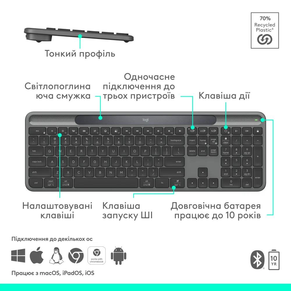 Клавіатура бездротова LOGITECH Slim Solar+ for Business - GRAPHITE - US INTL - 2.4GHZ/BT - INTNL-973 - UNIV на малюнкі №8