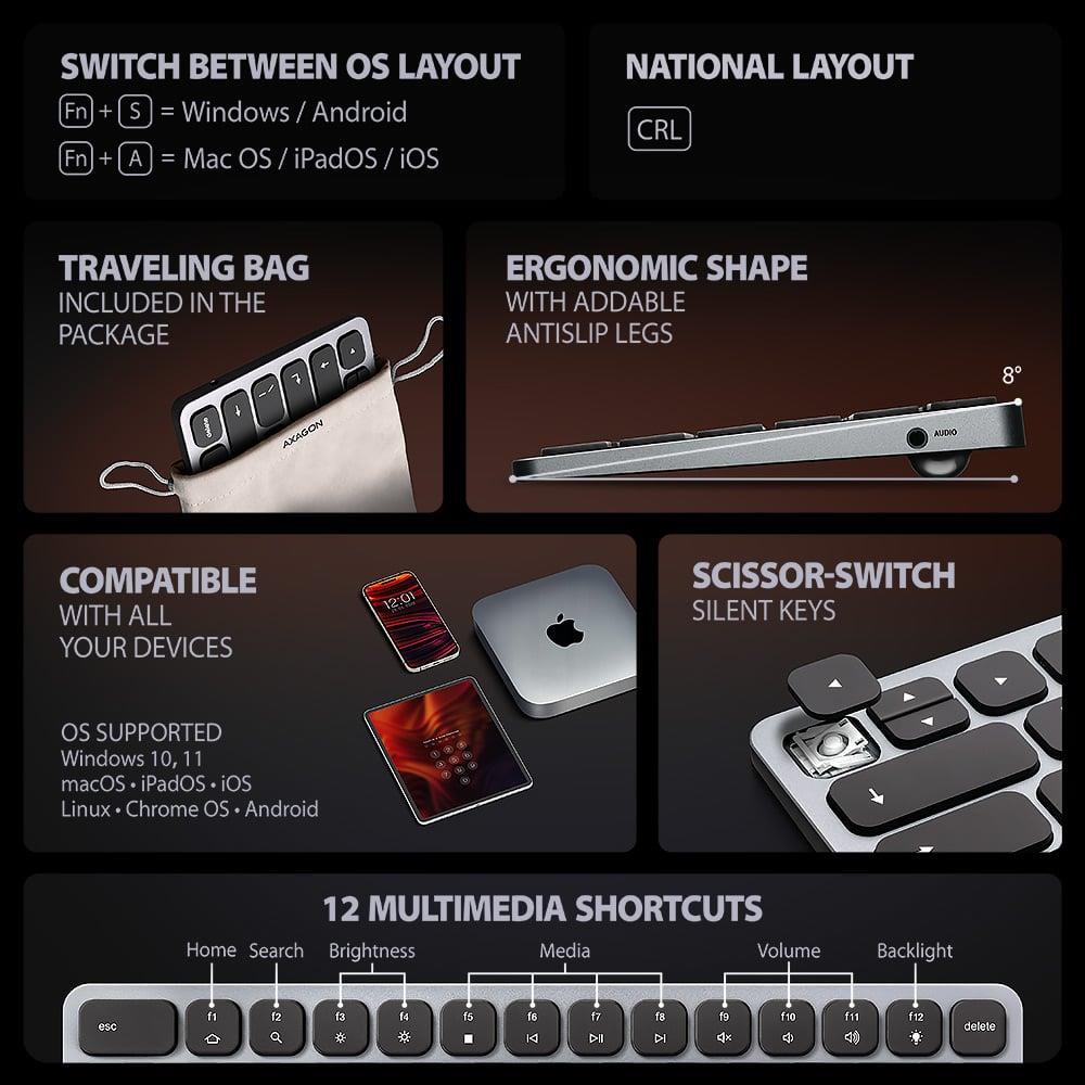 Клавіатура дротова AXAGON HMC-KB USB-C 5Gbps KEYBOARD 9in1 hub, EN/UA layout, Silver/Black на малюнкі №11