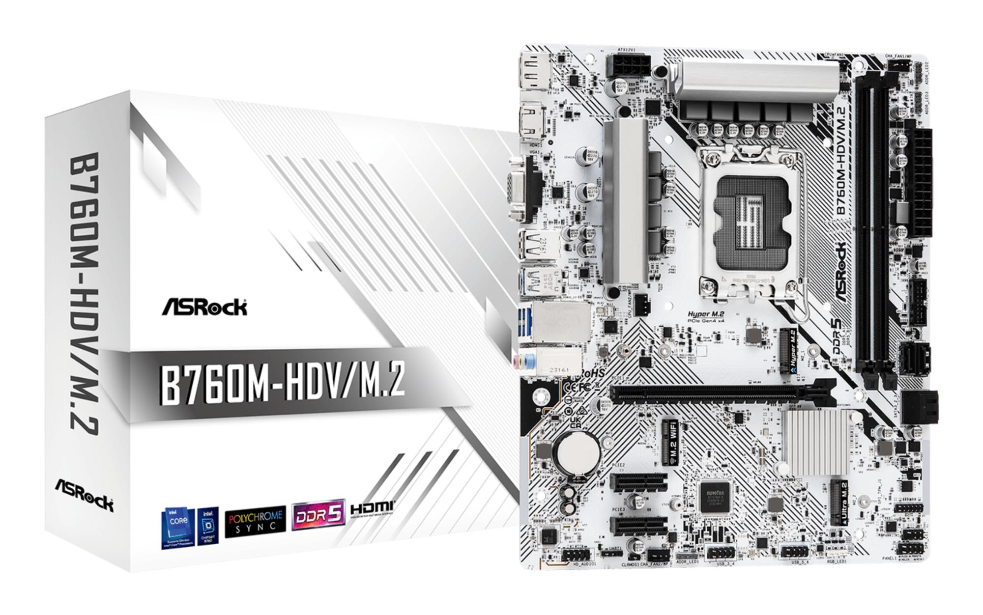 Mainboard|ASROCK|Intel B760|LGA 1700|micro ATX|RAM DDR5-SDRAM|2xSlots|1xNumber of M.2 (M) slots|B760M-HDV/M.2