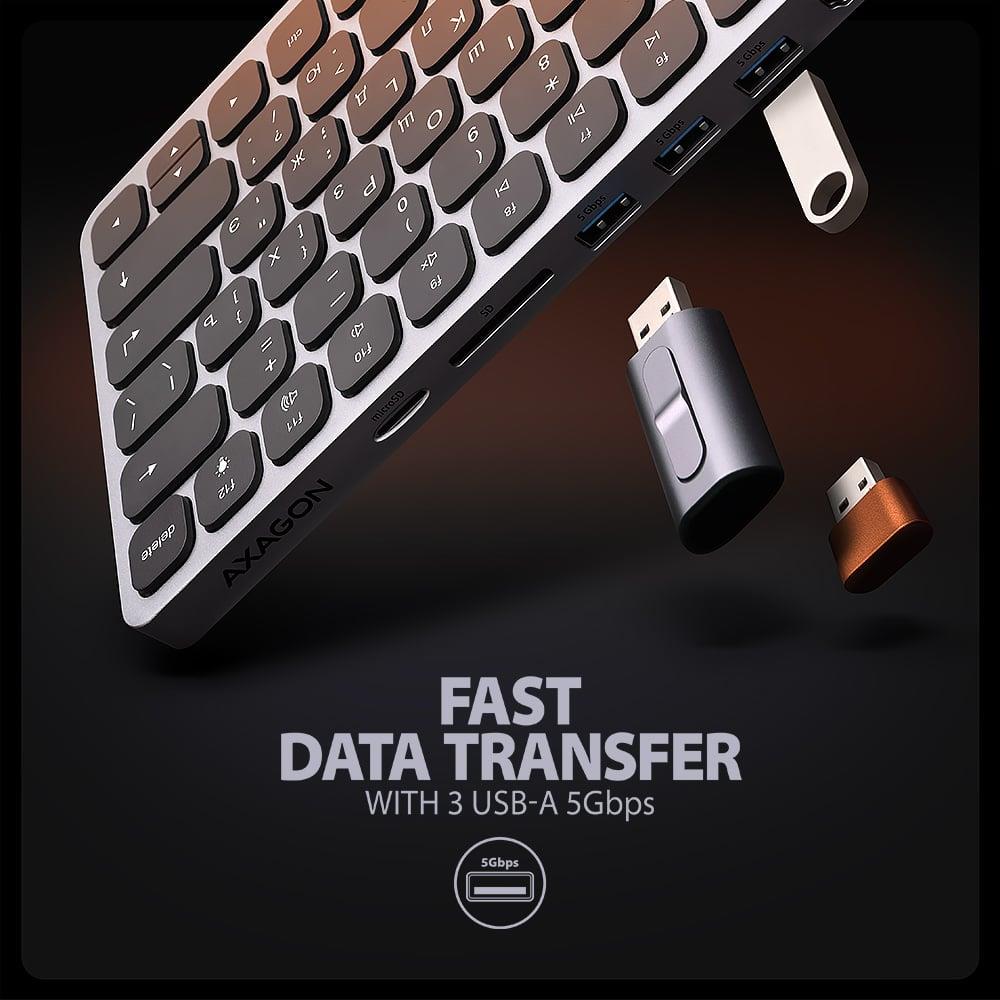 Клавіатура дротова AXAGON HMC-KB USB-C 5Gbps KEYBOARD 9in1 hub, EN/UA layout, Silver/Black на малюнкі №7