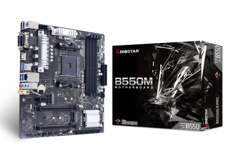 Mainboard|BIOSTAR|AMD B550|SAM4|Micro-ATX|Memory DDR4|Memory slots 4|1xPCI-Express 3.0 1x|1xPCI-Express 3.0 16x|1xPCI-Express 4.0 16x|2xM.2|1x15pin D-sub|1xDVI-D|1xHDMI|2xUSB 2.0|4xUSB 3.2|1xPS/2|1xRJ45|3xAudio port|B550MX/EPRO