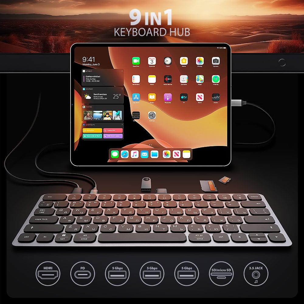 Клавіатура дротова AXAGON HMC-KB USB-C 5Gbps KEYBOARD 9in1 hub, EN/UA layout, Silver/Black на малюнкі №3