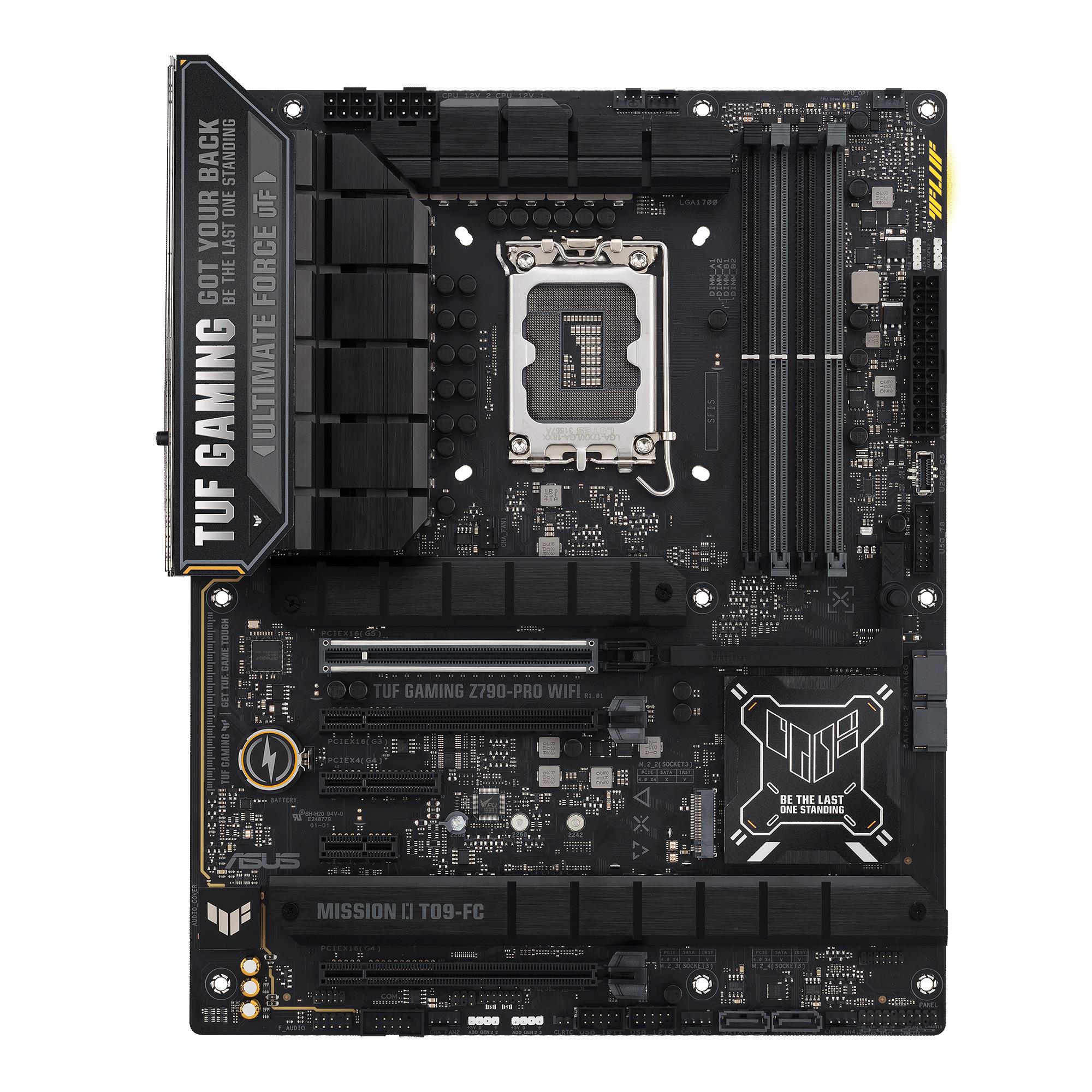 Mainboard|ASUS|Intel Z790|LGA1700|ATX|Memory DDR5|Memory slots 4|1xPCI-Express 3.0 1x|1xPCI-Express 3.0 16x|1xPCI-Express 4.0 4x	|1xPCI-Express 4.0 16x|1xPCI-Express 5.0 16x|4xM.2|1xHDMI|1xDisplayPort|6xUSB 3.2|2xUSB-C|1xOptical S/PDIF|1xRJ45|5xAudio port|TUFGAMINGZ790-PROWIFI