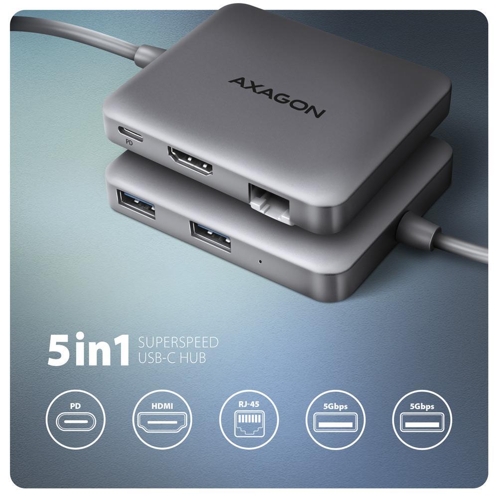 Хаб концентратор AXAGON HMC-5HL USB-C 5Гбіт/с SuperSpeed 5in1 hub, Сірий на малюнкі №1