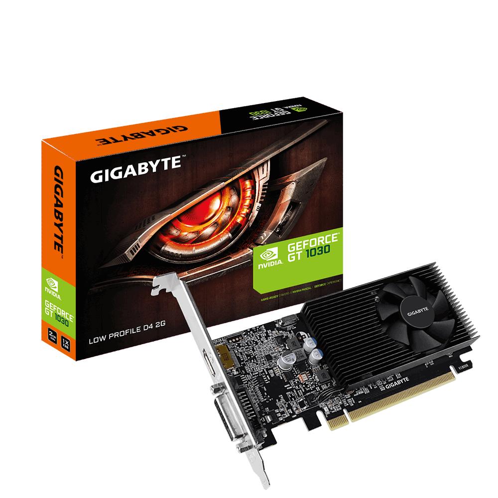 Graphics Card | GIGABYTE | NVIDIA GeForce GT 1030 | 2 GB | 64 bit | PCIE 3.0 16x | GDDR4 | Memory 2100 MHz | GPU 1177 MHz | Single Slot Fansink | 1xDVI | 1xHDMI | GV-N1030D4-2GL