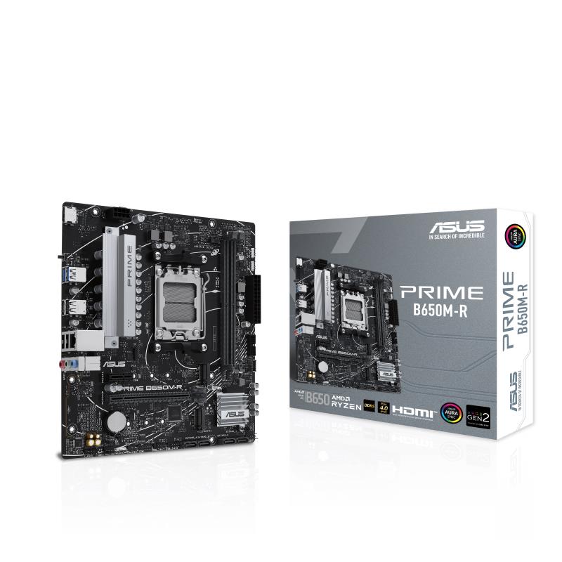 Mainboard | ASUS | AMD B650 | SAM5 | Micro-ATX | Memory DDR5 | Memory slots 2 | 1xPCI-Express 4.0 1x | 2xPCI-Express 4.0 16x | 2xM.2 | 1xHDMI | 4xUSB 2.0 | 2xUSB 3.2 | 1xRJ45 | 3xAudio port | PRIMEB650M-R